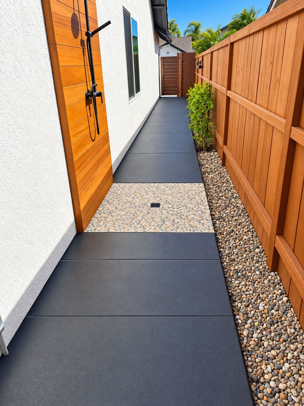A clean side yard path beside the house