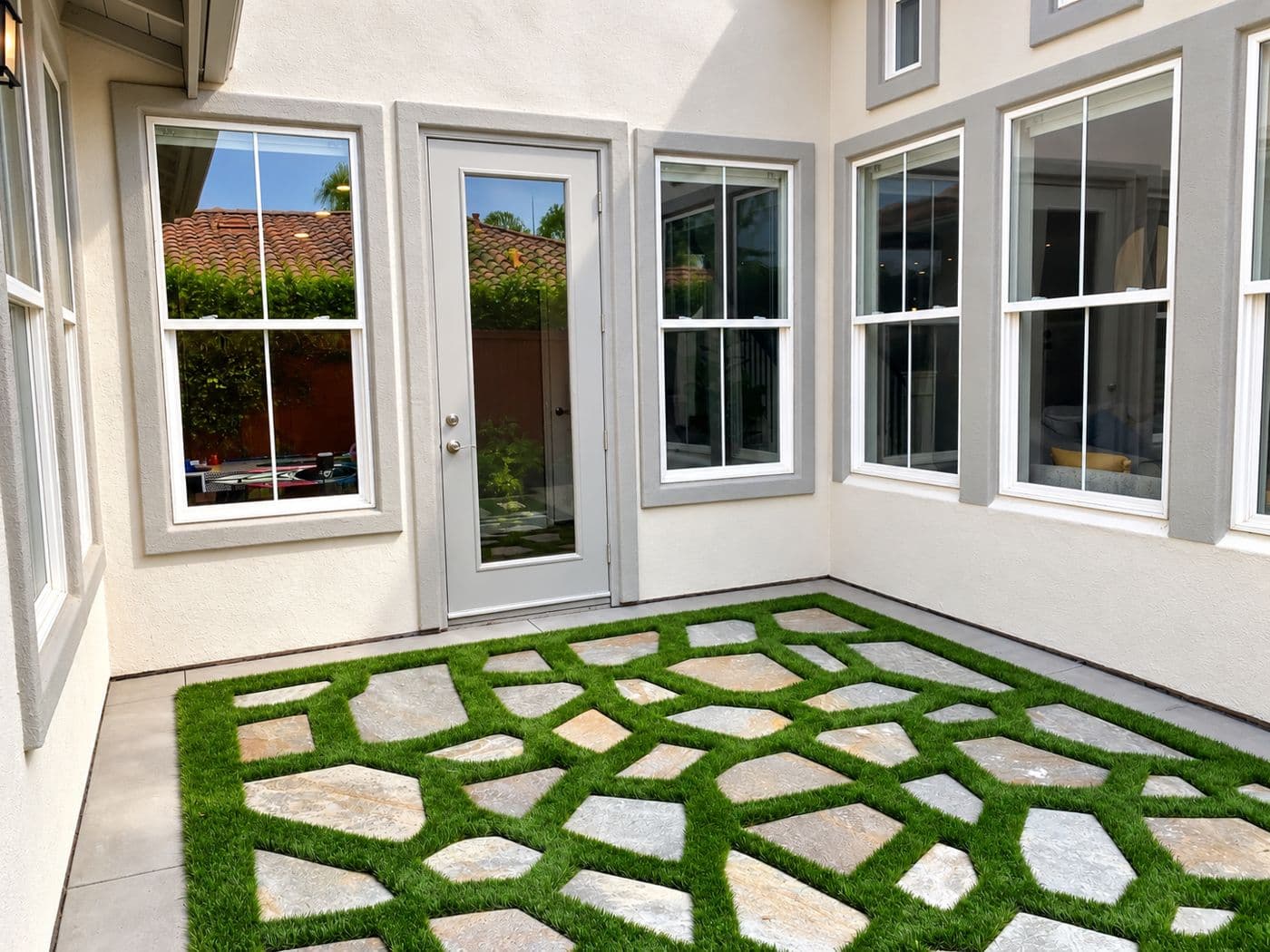Artificial turf between stone pavers in a courtyard