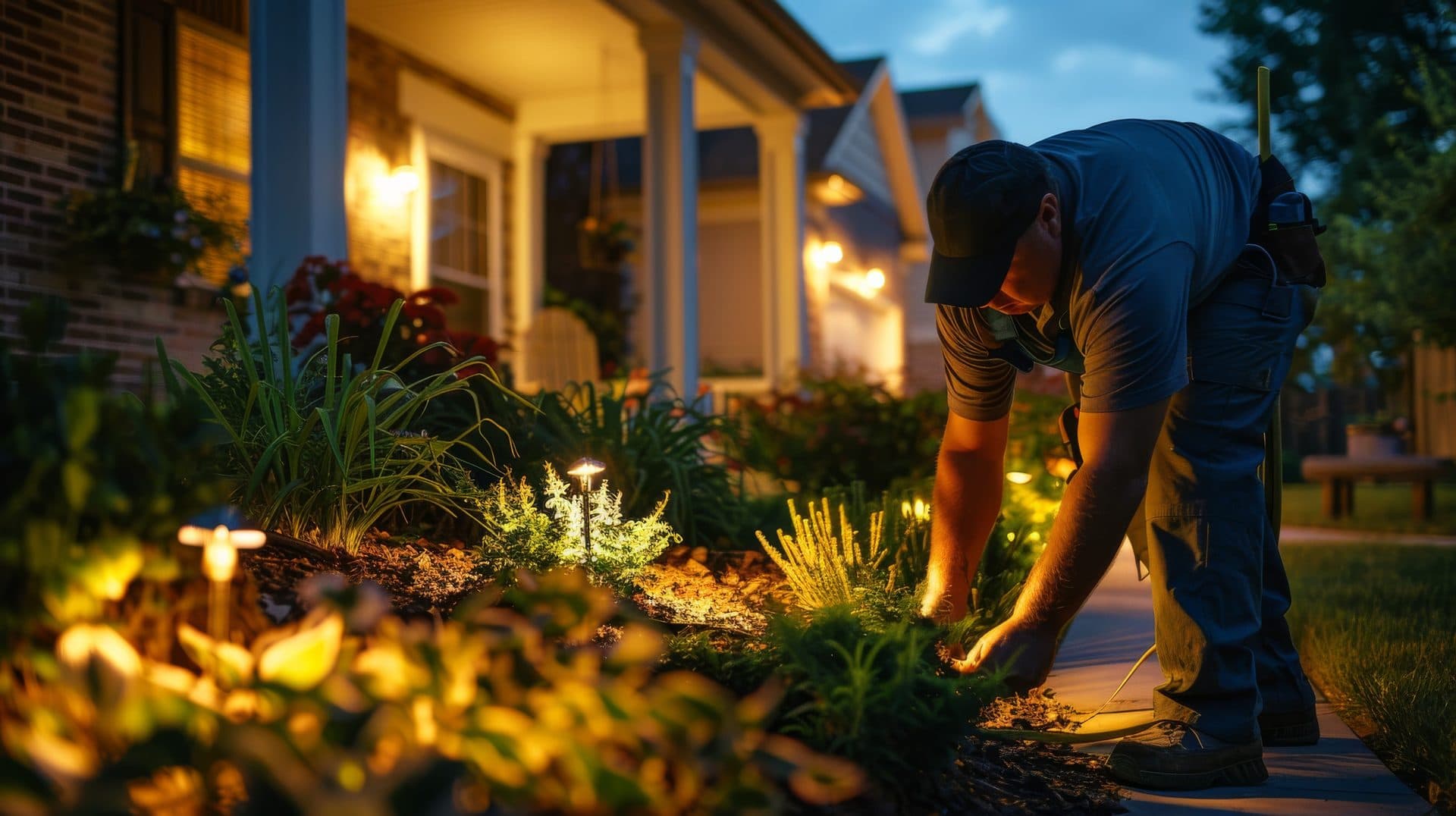 Low-voltage landscape lighting installed along a front garden path at dusk